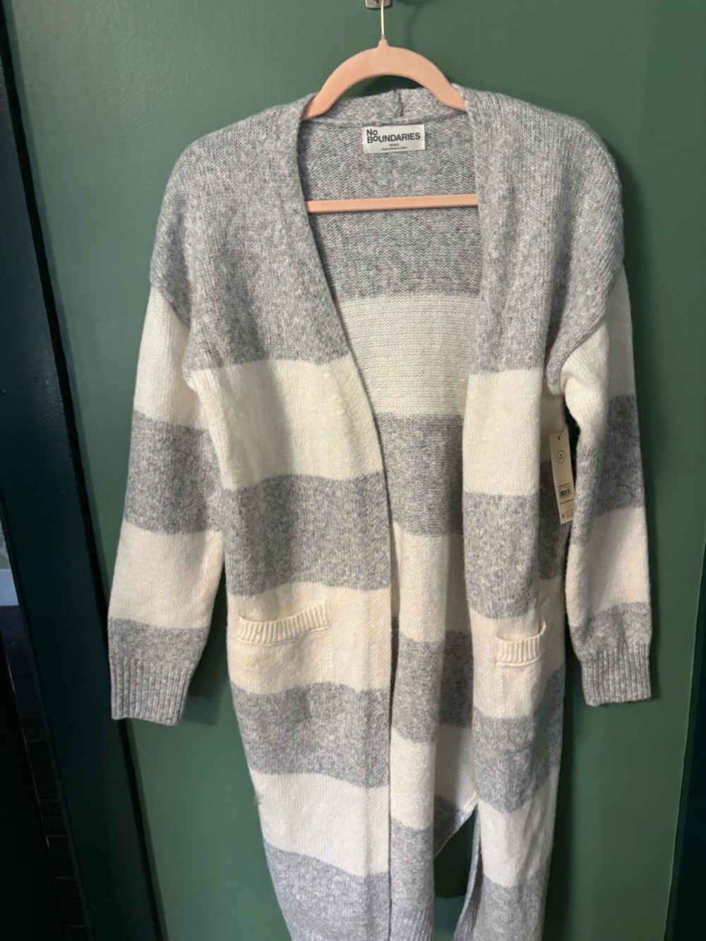 No Boundaries Gray & Cream Striped Open-Front Cardigan